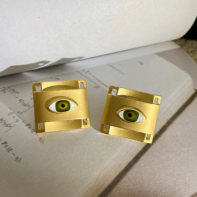 Matte Gold Square Evil Eye Necklace Earrings