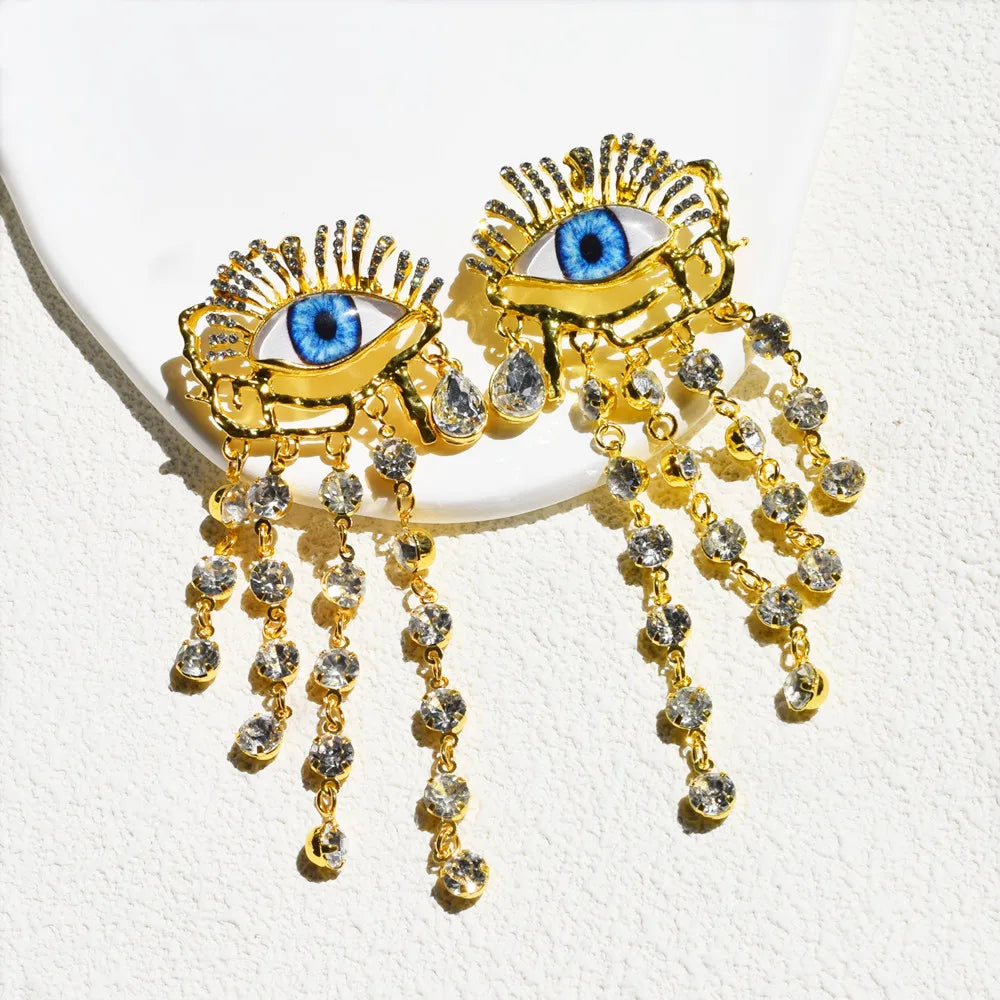 Rhinestone Golden Evil Eye Chain Dangle Earrings