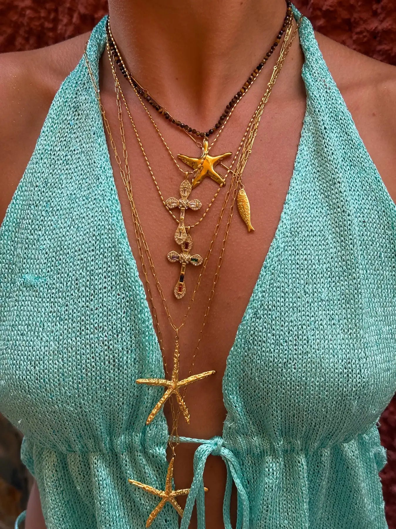 Starfish Pendant Chain & Bead Necklace 18K Gold Stainless Steel