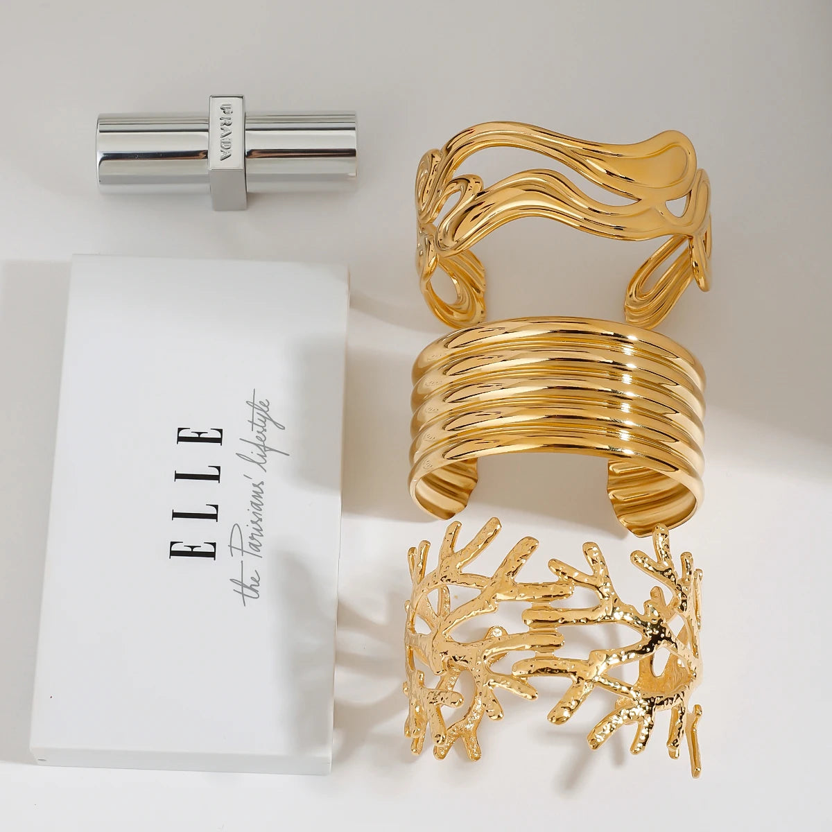18k Gold Plated Stainless Steel Irregular Line Wide Bracelets