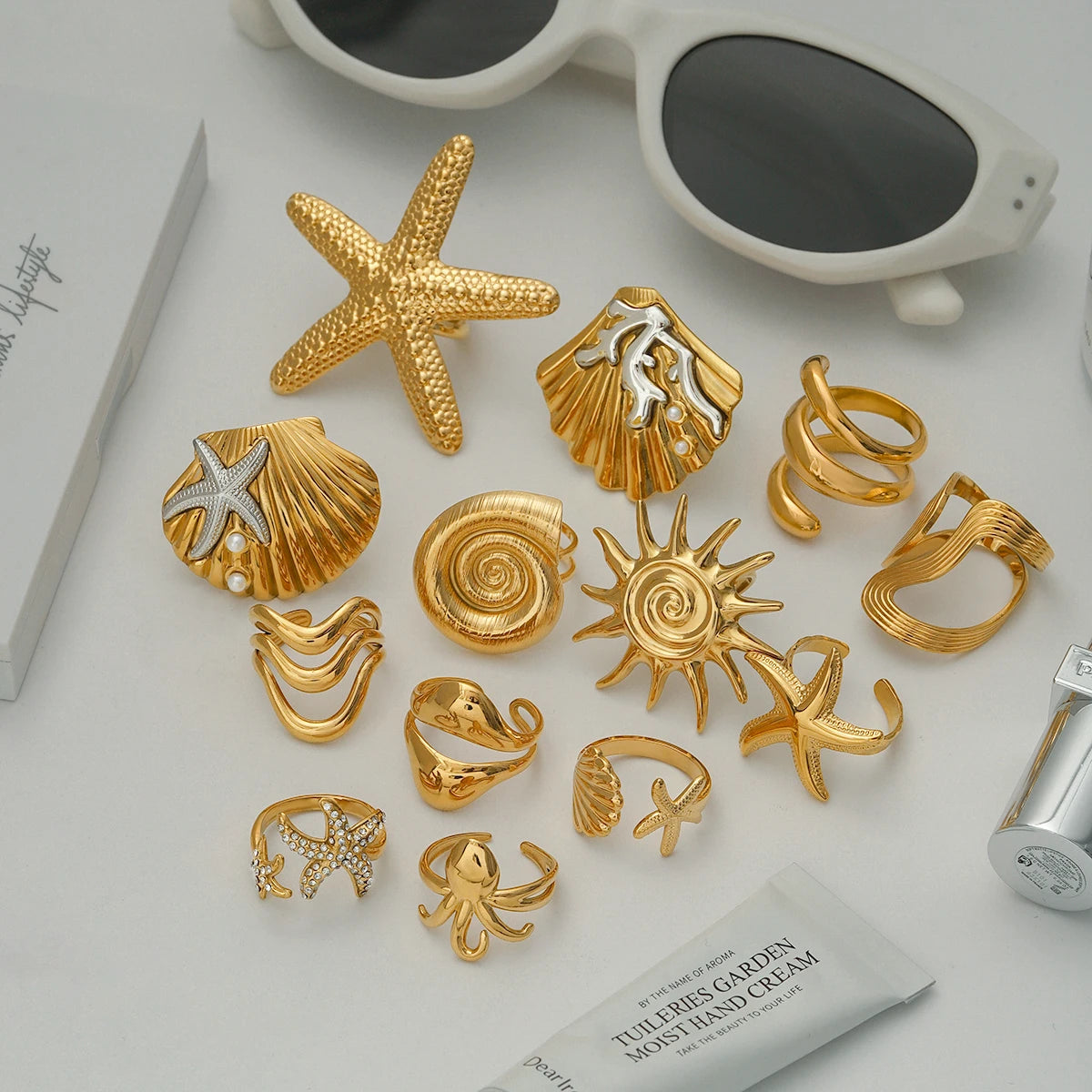 Ocean Beach Starfish Spiral Ring 18K Gold Plated Stainless Steel Shell Stackable Rings