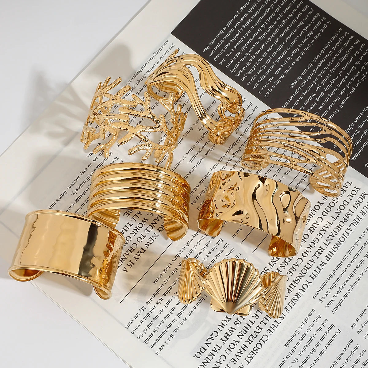 18k Gold Plated Stainless Steel Irregular Line Wide Bracelets