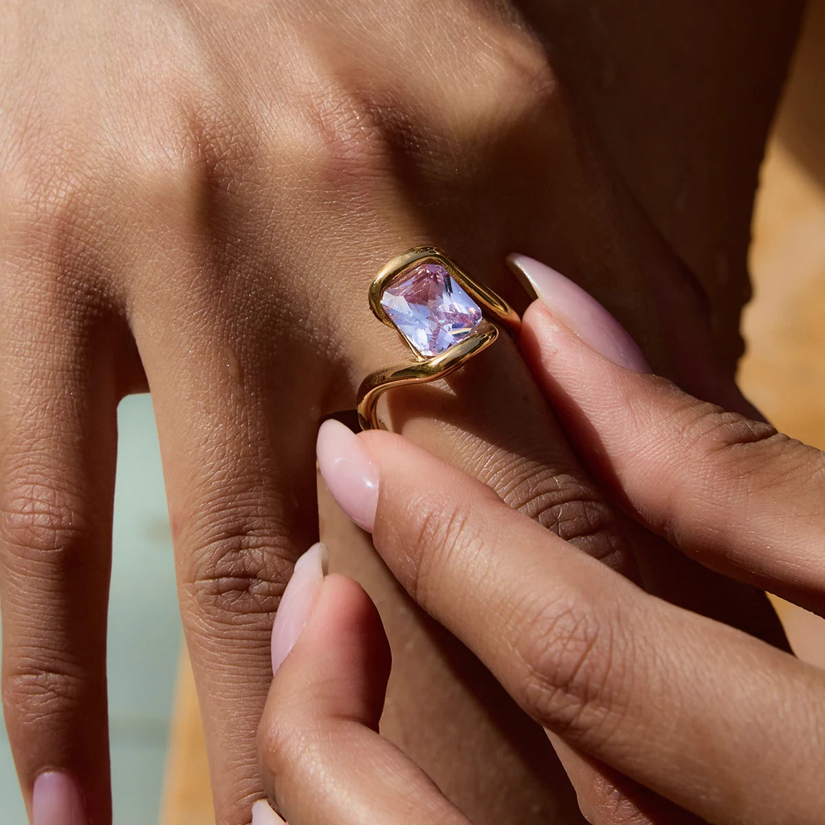 Square Pink Zircon Ring 18K Gold Plated