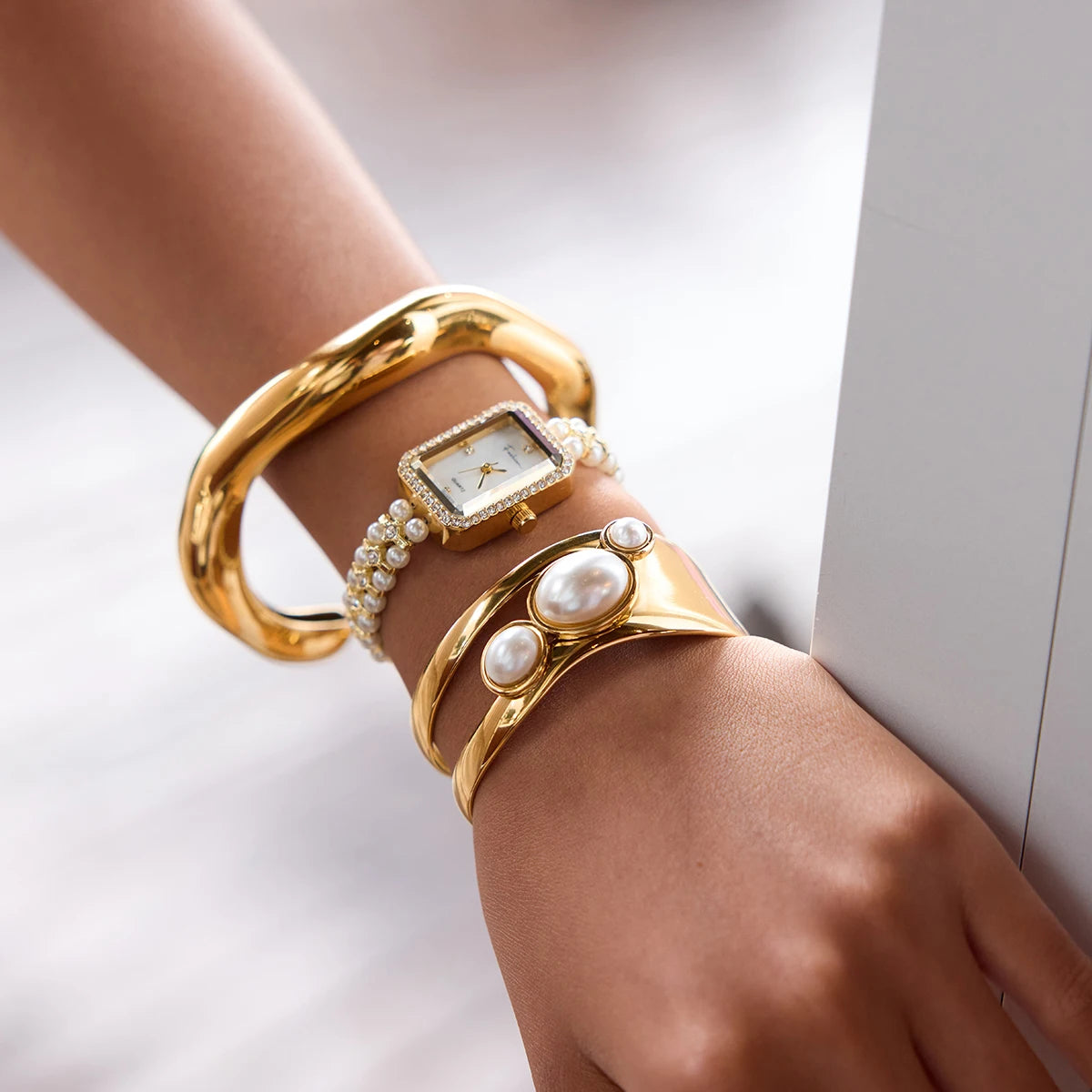 Pearl Rectangular Watch & Bracelets 18K Gold Plated