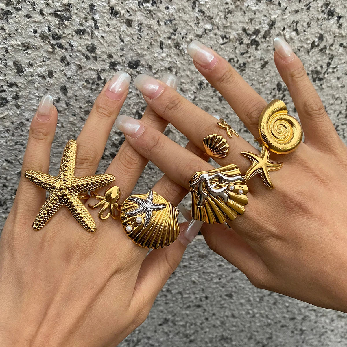 Ocean Beach Starfish Spiral Ring 18K Gold Plated Stainless Steel Shell Stackable Rings