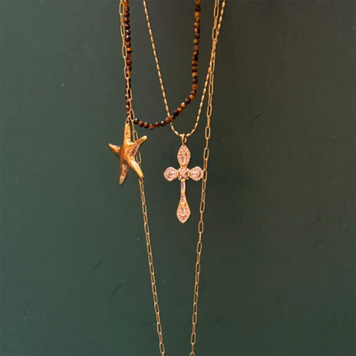 Starfish Pendant Chain & Bead Necklace 18K Gold Stainless Steel