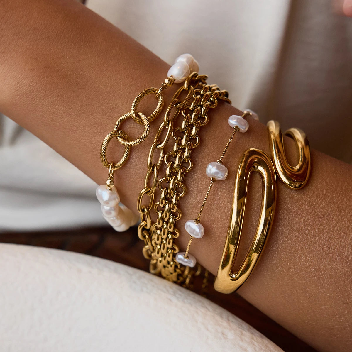18K Gold Color Plated Stainless Steel Freshwater Pearl Bracelets