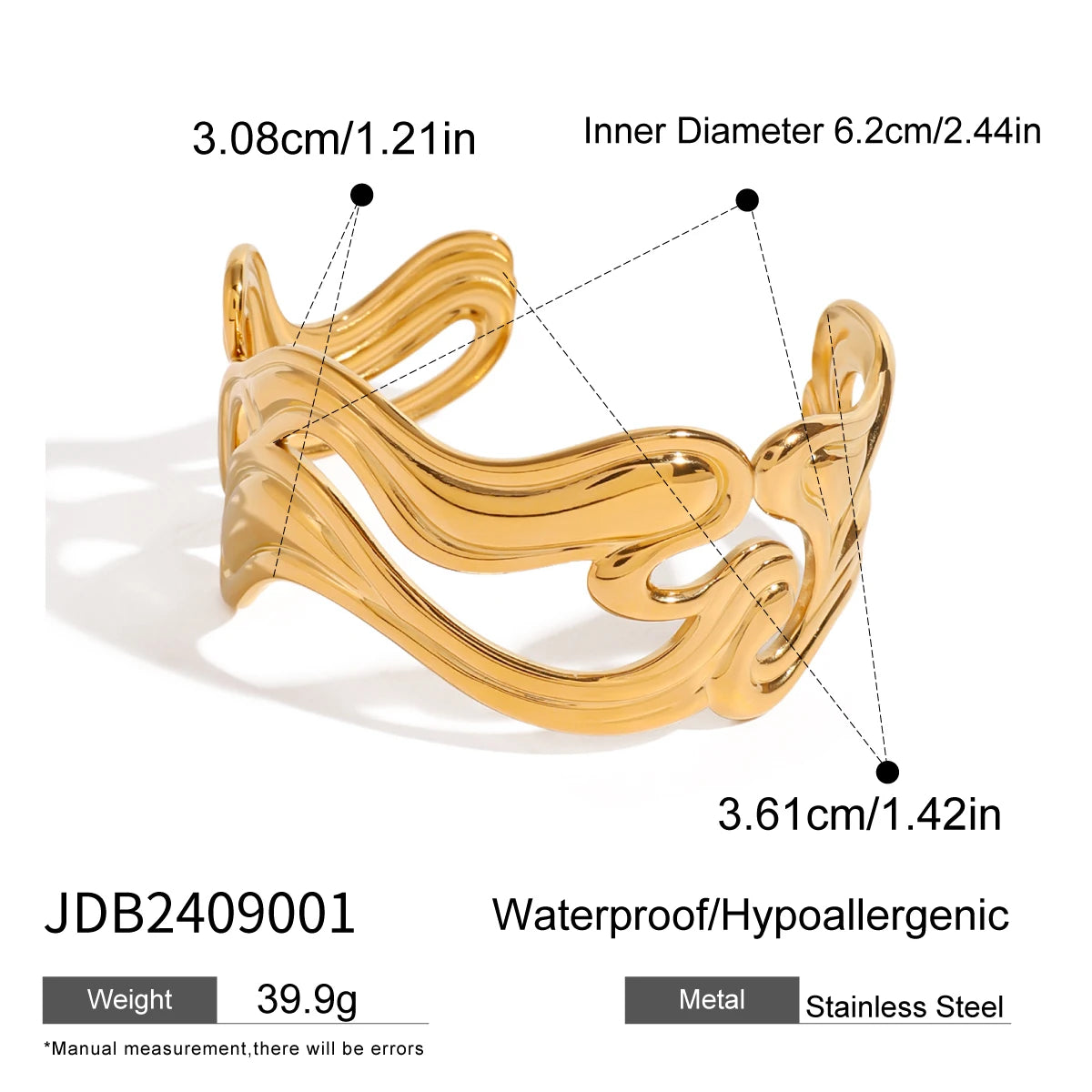 18k Gold Plated Stainless Steel Irregular Line Wide Bracelets