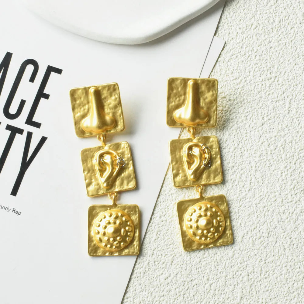 Gold Plated Face Nose Ears' Surrealist Dangle Earrings