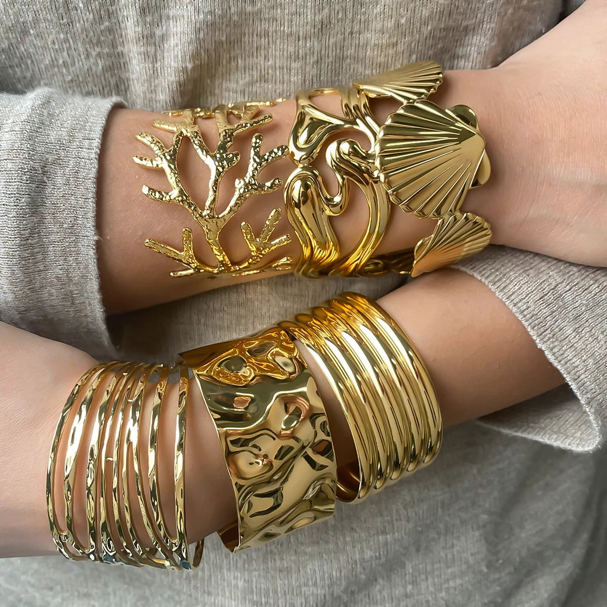 18k Gold Plated Stainless Steel Irregular Line Wide Bracelets