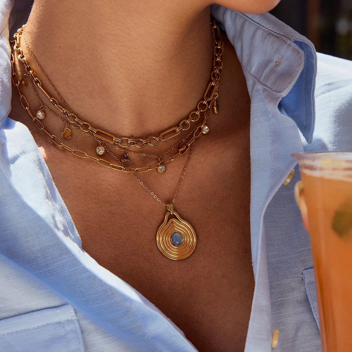 18K Gold Color Plated Stainless Steel Ribbed Blue Resin Pendant Necklace