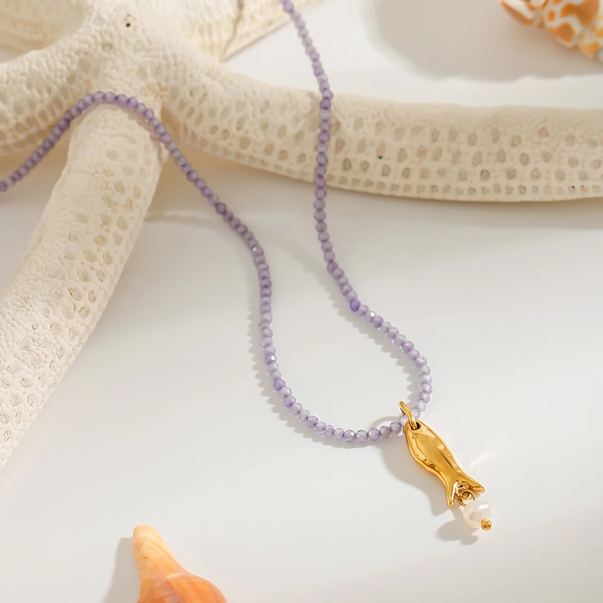 Starfish Pendant Bead Necklace Natural Stone