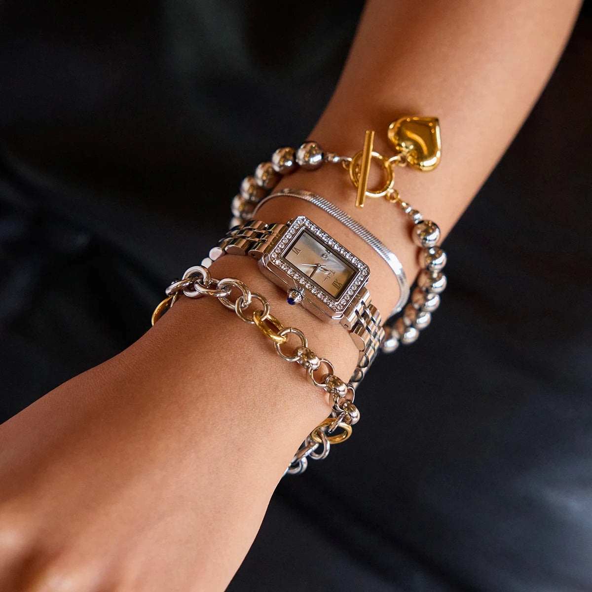Snake Chain & Geometric Rectangular Watch Bead & Chain Stackable Bracelet