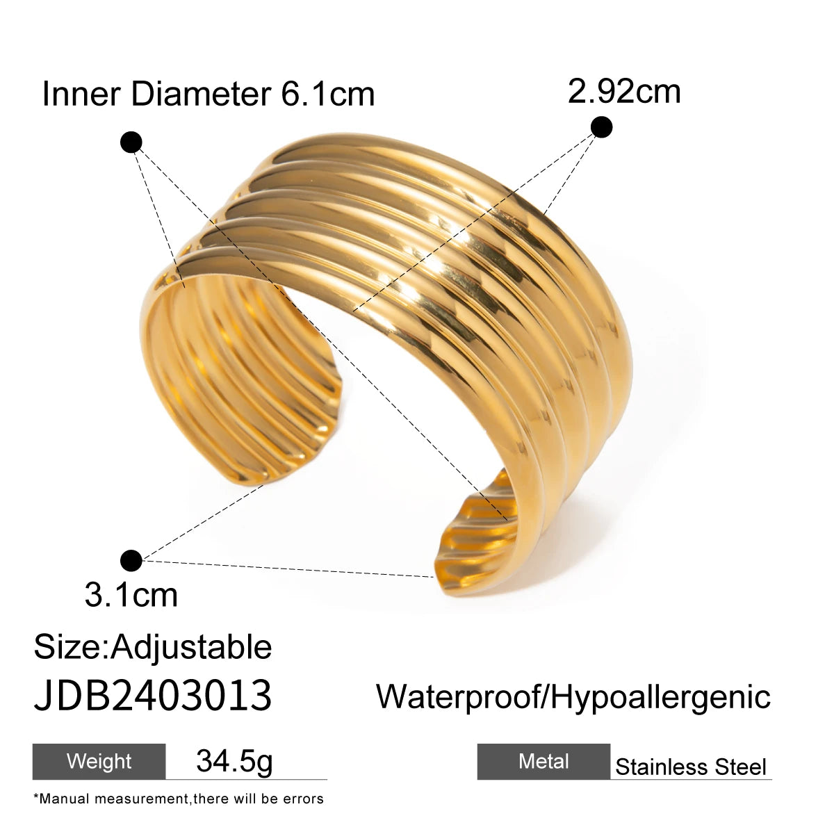 18k Gold Plated Stainless Steel Irregular Line Wide Bracelets