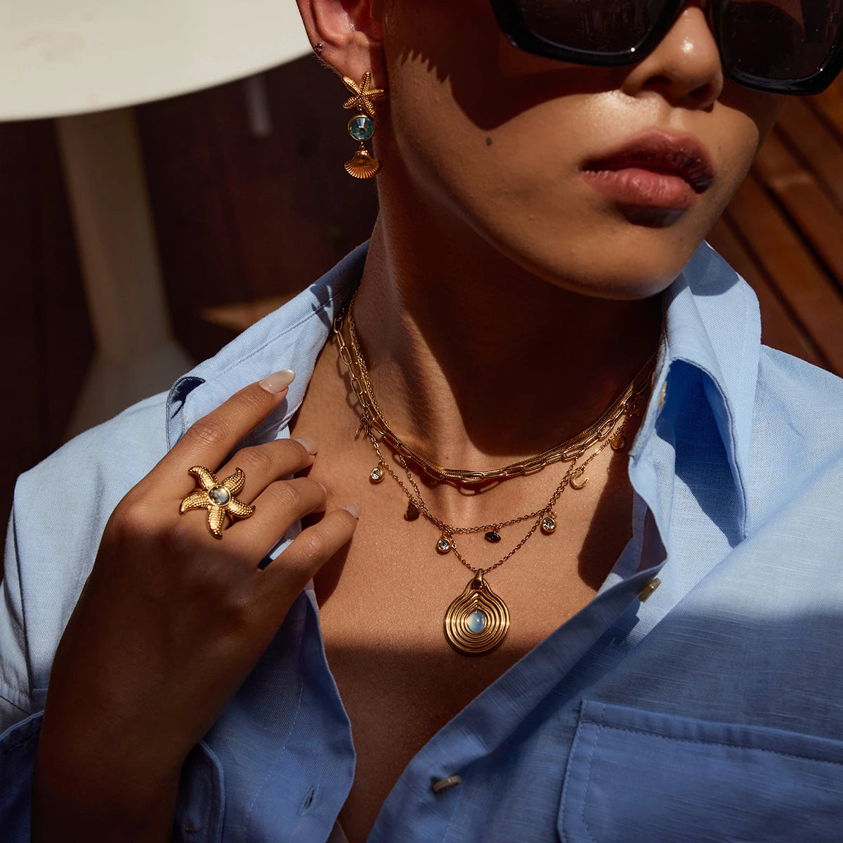 18K Gold Color Plated Stainless Steel Ribbed Blue Resin Pendant Necklace