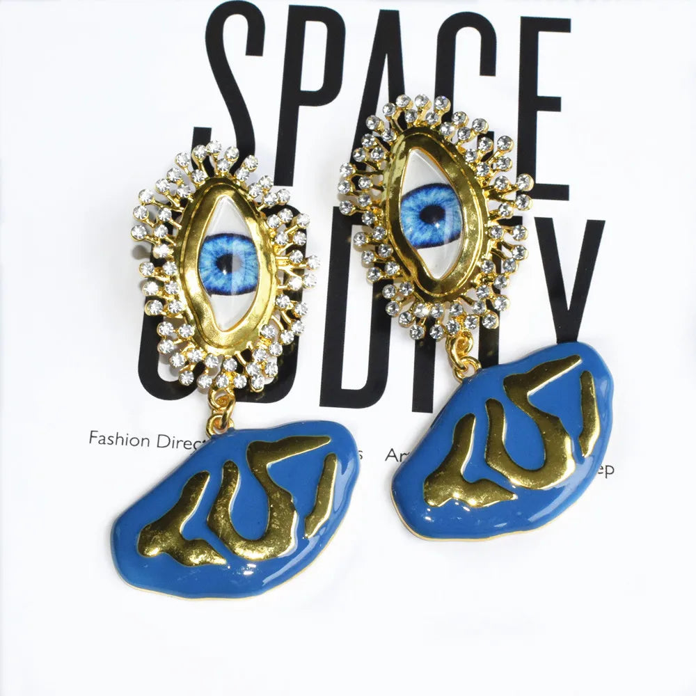 Resin Blue Eyes Metal Plated Dangle Earrings