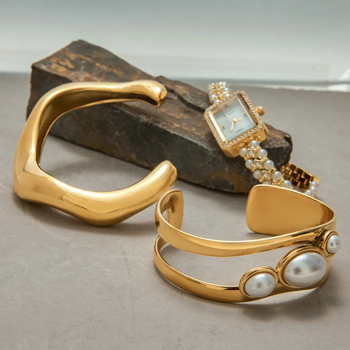 Pearl Rectangular Watch & Bracelets 18K Gold Plated