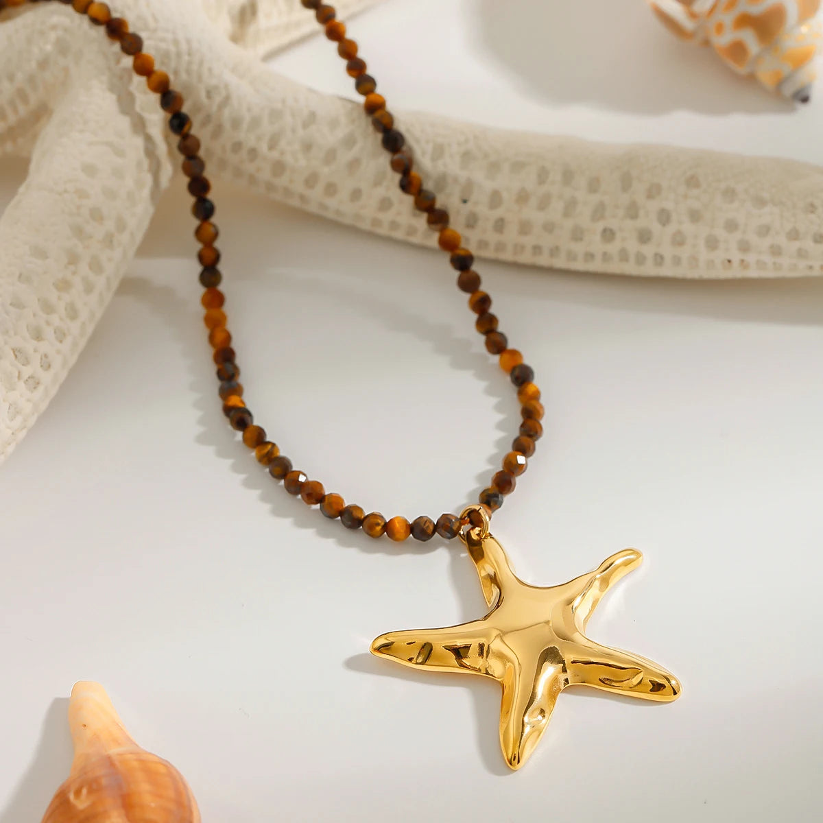 Starfish Pendant Bead Necklace Natural Stone