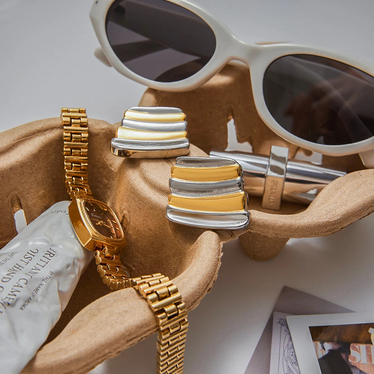 Two Tone Striped Geometric Earrings 18K Gold Plated Stainless Steel Earrings