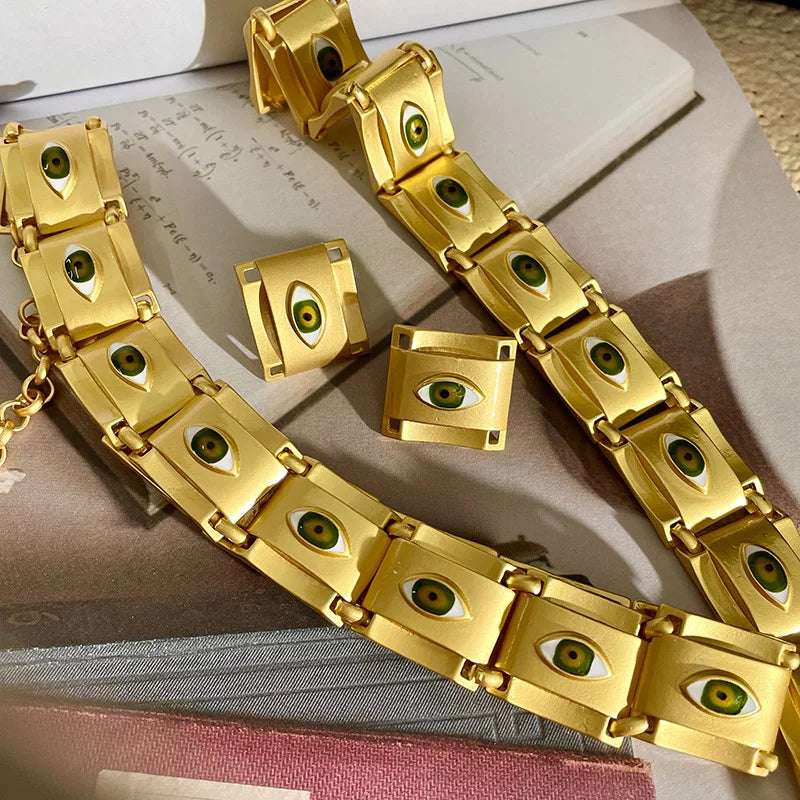 Matte Gold Square Evil Eye Necklace Earrings