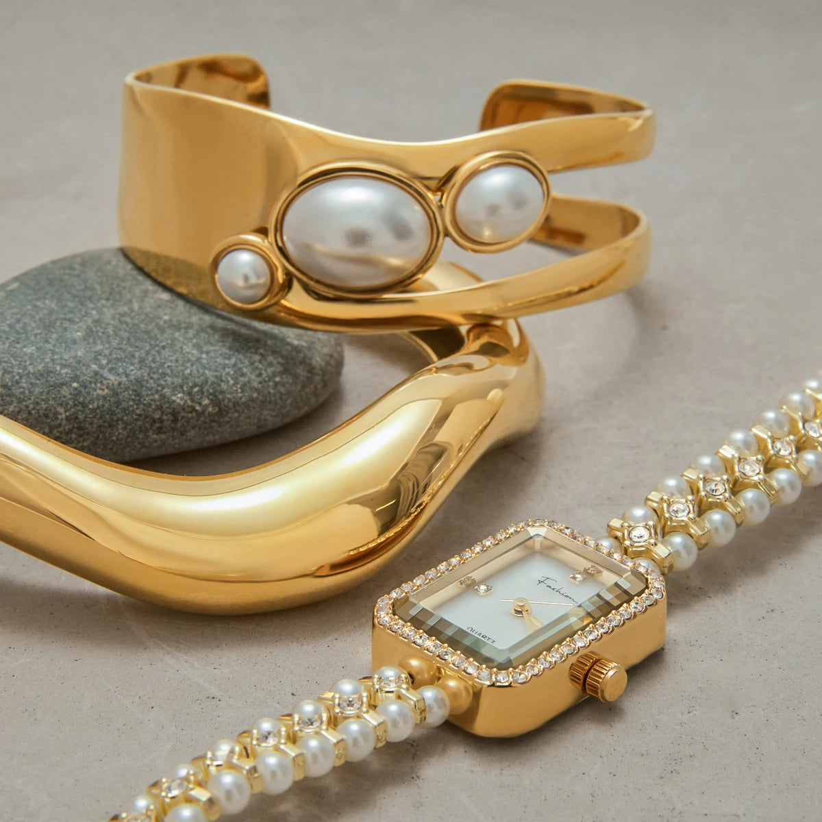 Pearl Rectangular Watch & Bracelets 18K Gold Plated