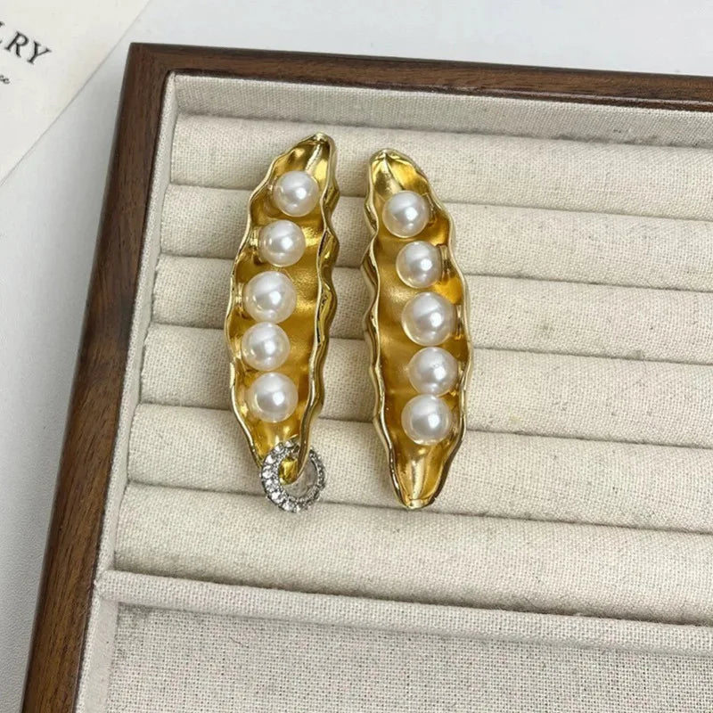 Gold Plated Pea Shape Dangle Earrings