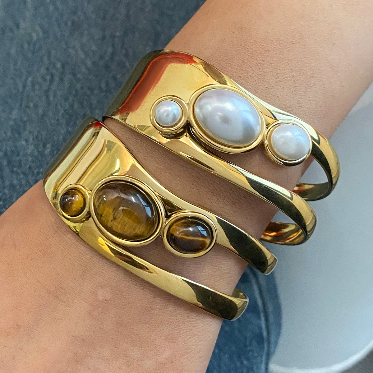 Asymmetric Pearl Bracelet Tiger Eye Stone Stacked Bracelet