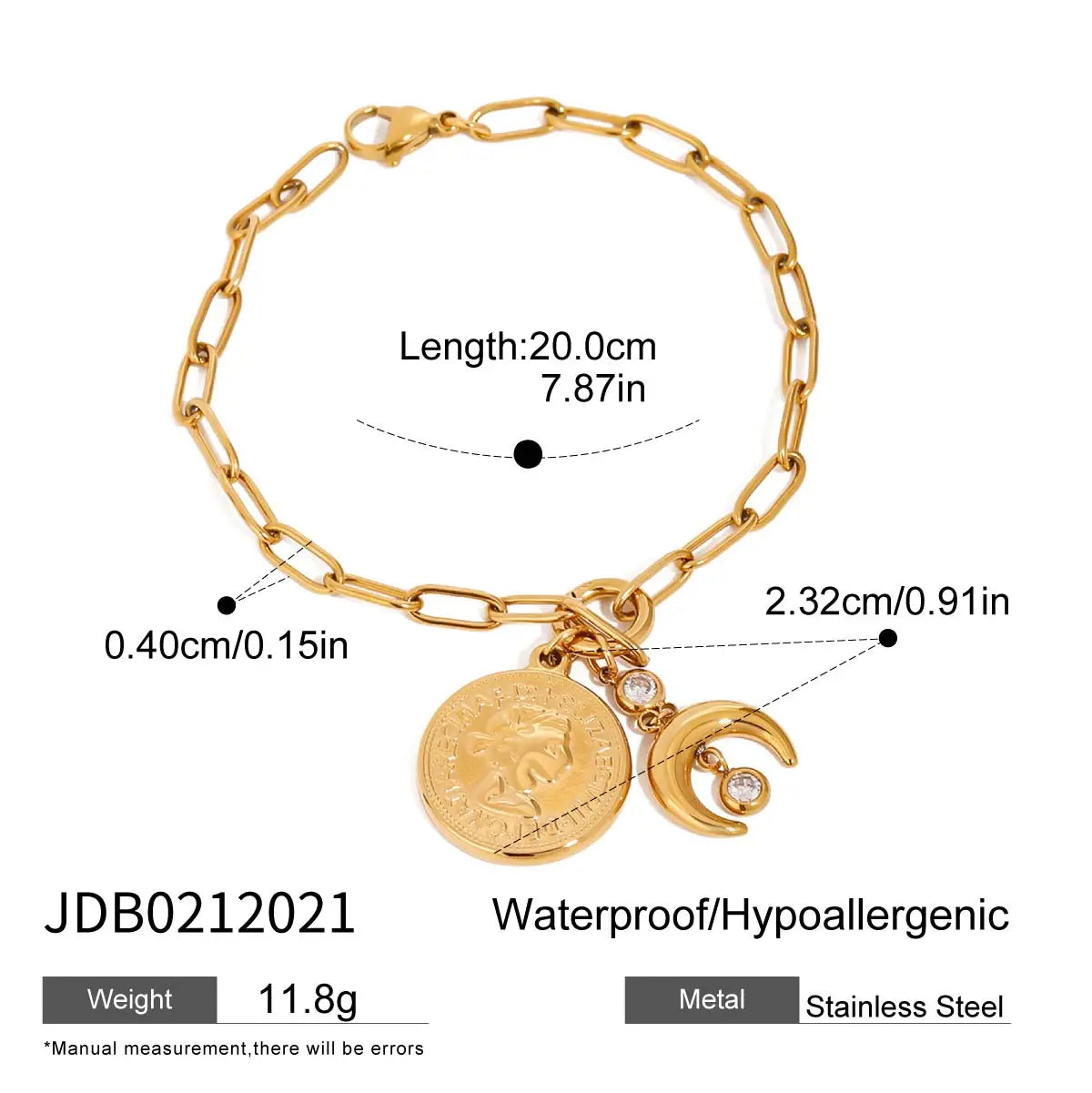Gold celestial motif bracelet with coin and crescent moon charms made of stainless steel
