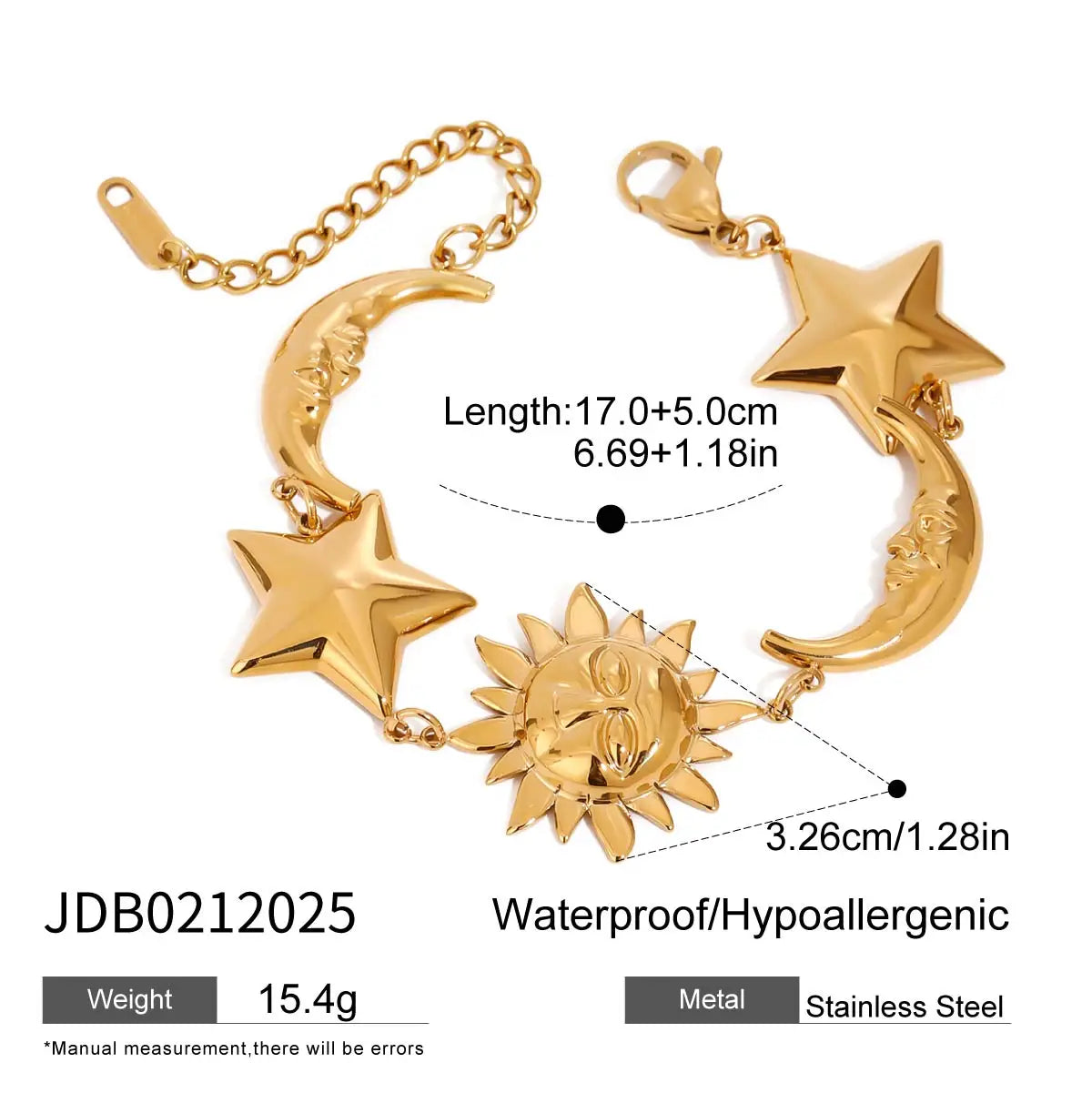 Gold stainless steel celestial motif bracelet featuring sun, moon, and star charms with adjustable chain