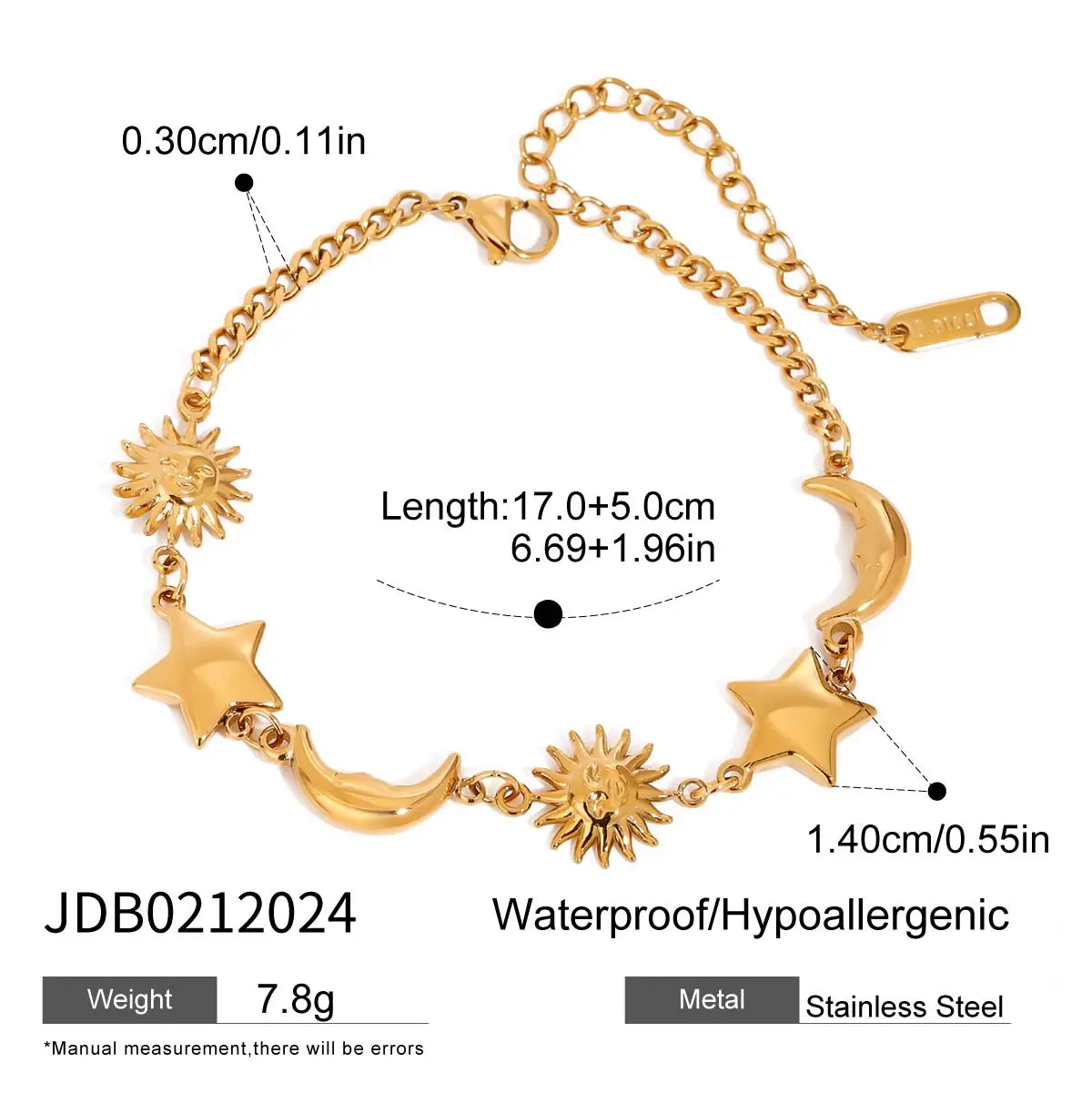 Gold stainless steel celestial motif bracelet with sun, star, and moon charms, waterproof and hypoallergenic