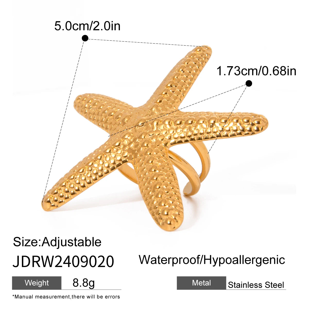 Gold plated earrings starfish design adjustable size waterproof hypoallergenic stainless steel