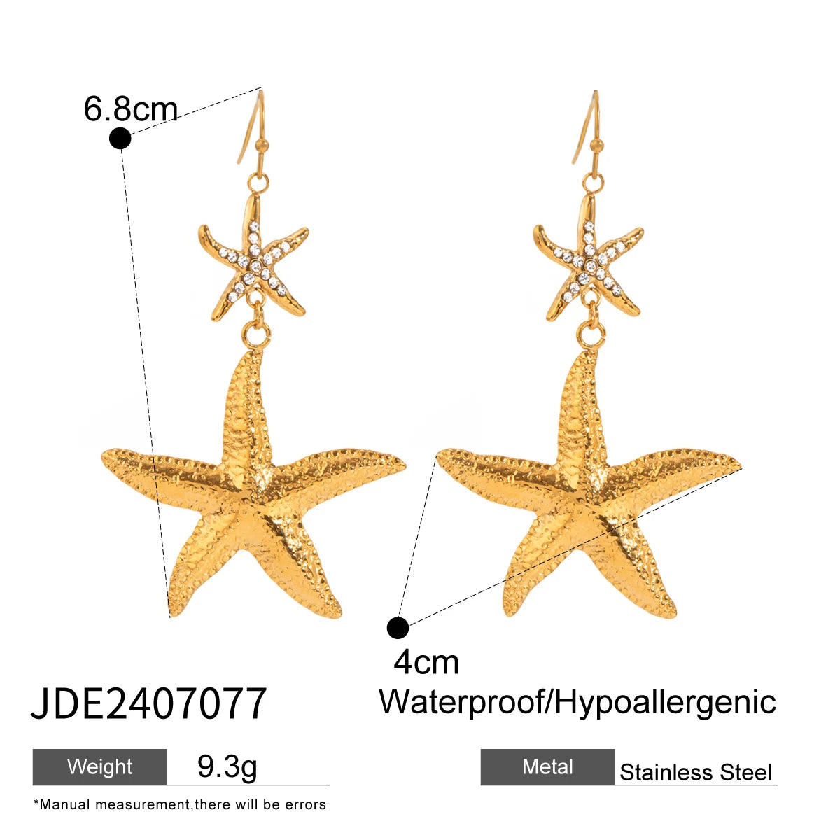 Gold plated earrings with starfish design and rhinestone details, waterproof and hypoallergenic