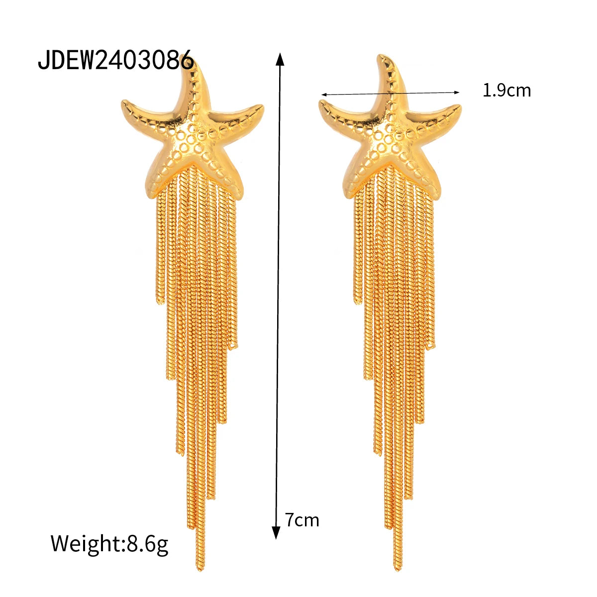 Gold plated earrings featuring starfish design with cascading chain fringe measuring 7cm long