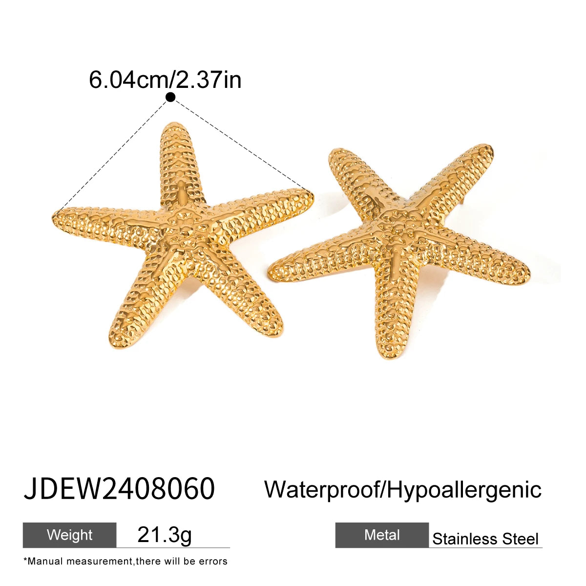 Gold plated earrings shaped like starfish with textured stainless steel, waterproof and hypoallergenic