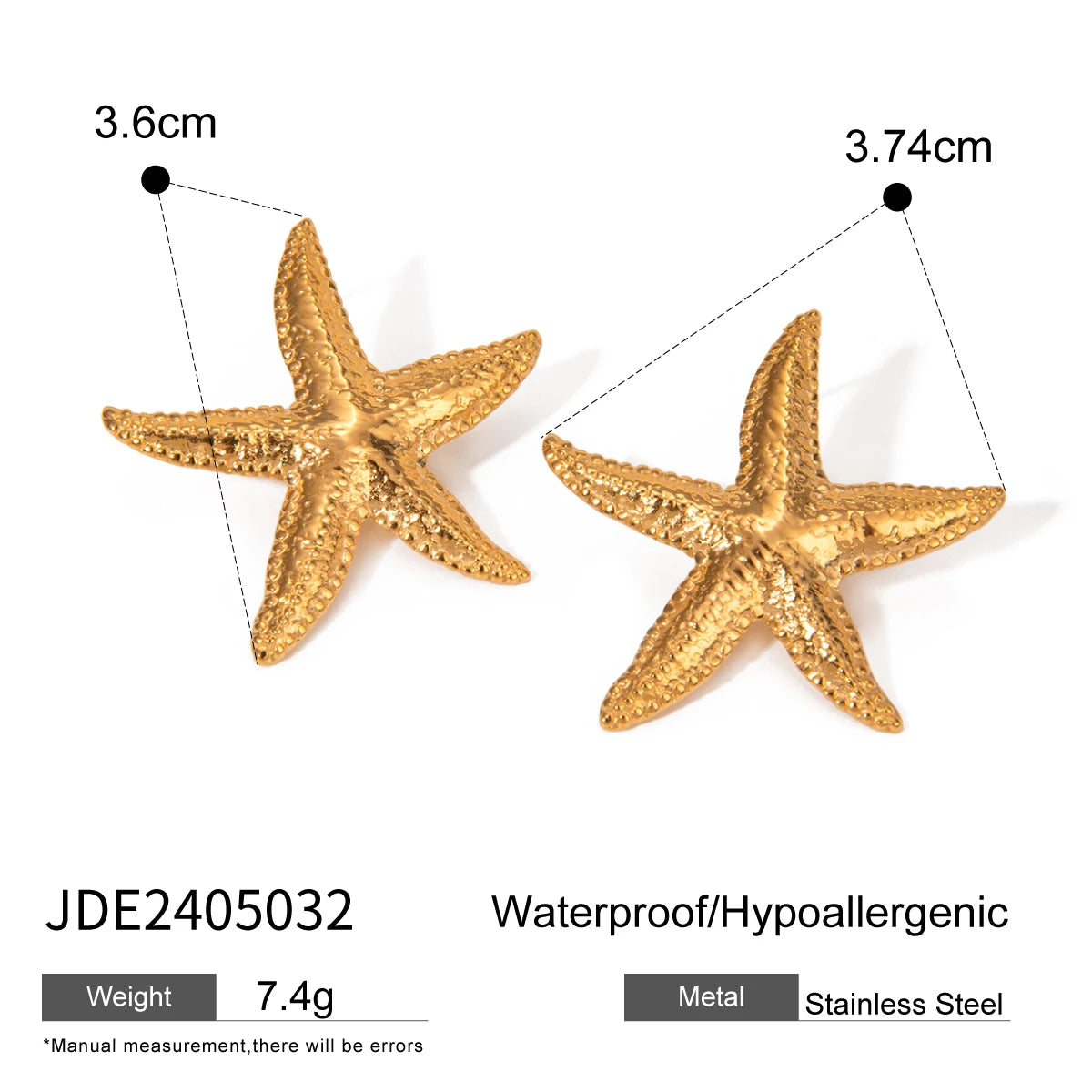 Starfish design gold plated earrings with waterproof and hypoallergenic stainless steel material