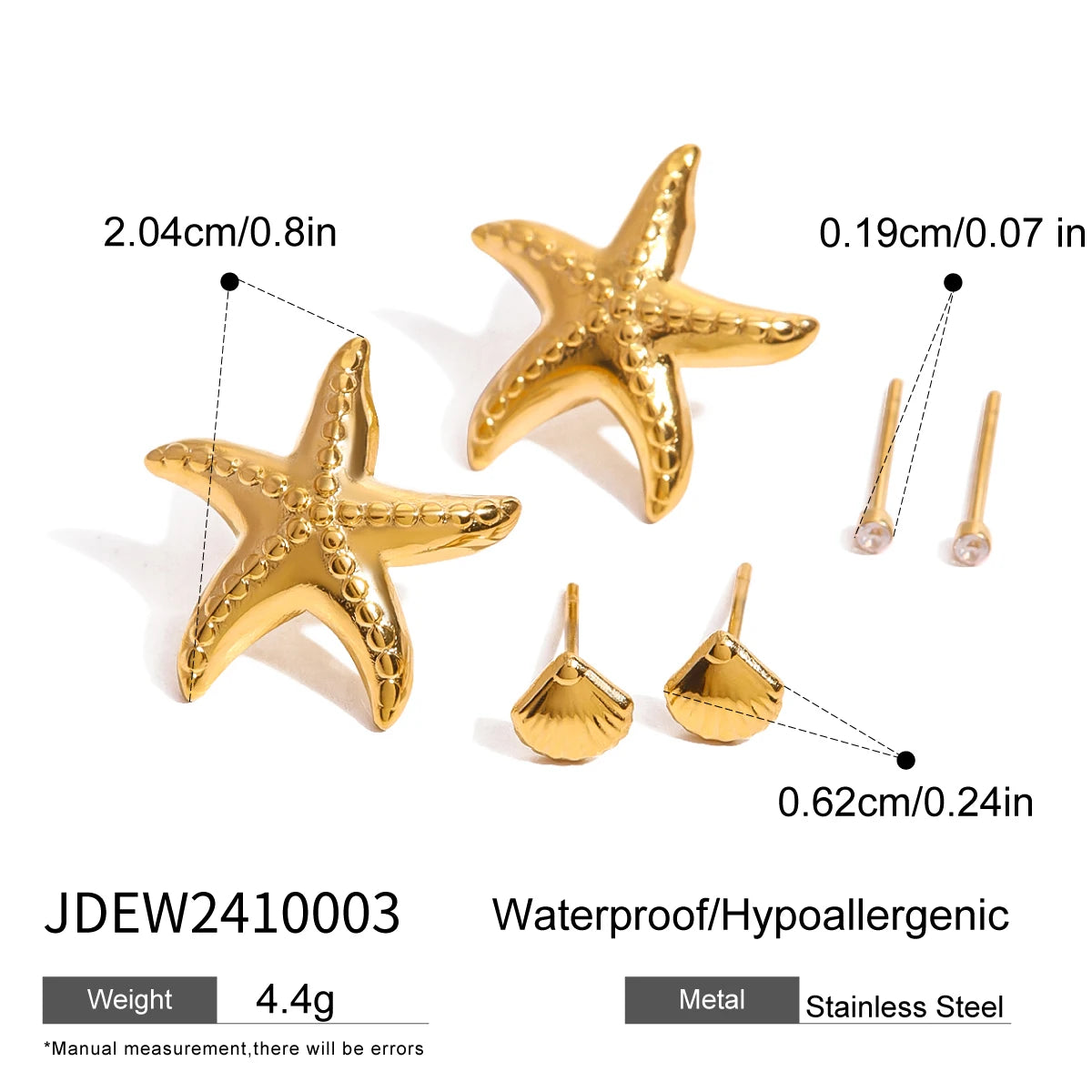 Gold plated earrings set featuring starfish and seashell designs with stainless steel hypoallergenic backing
