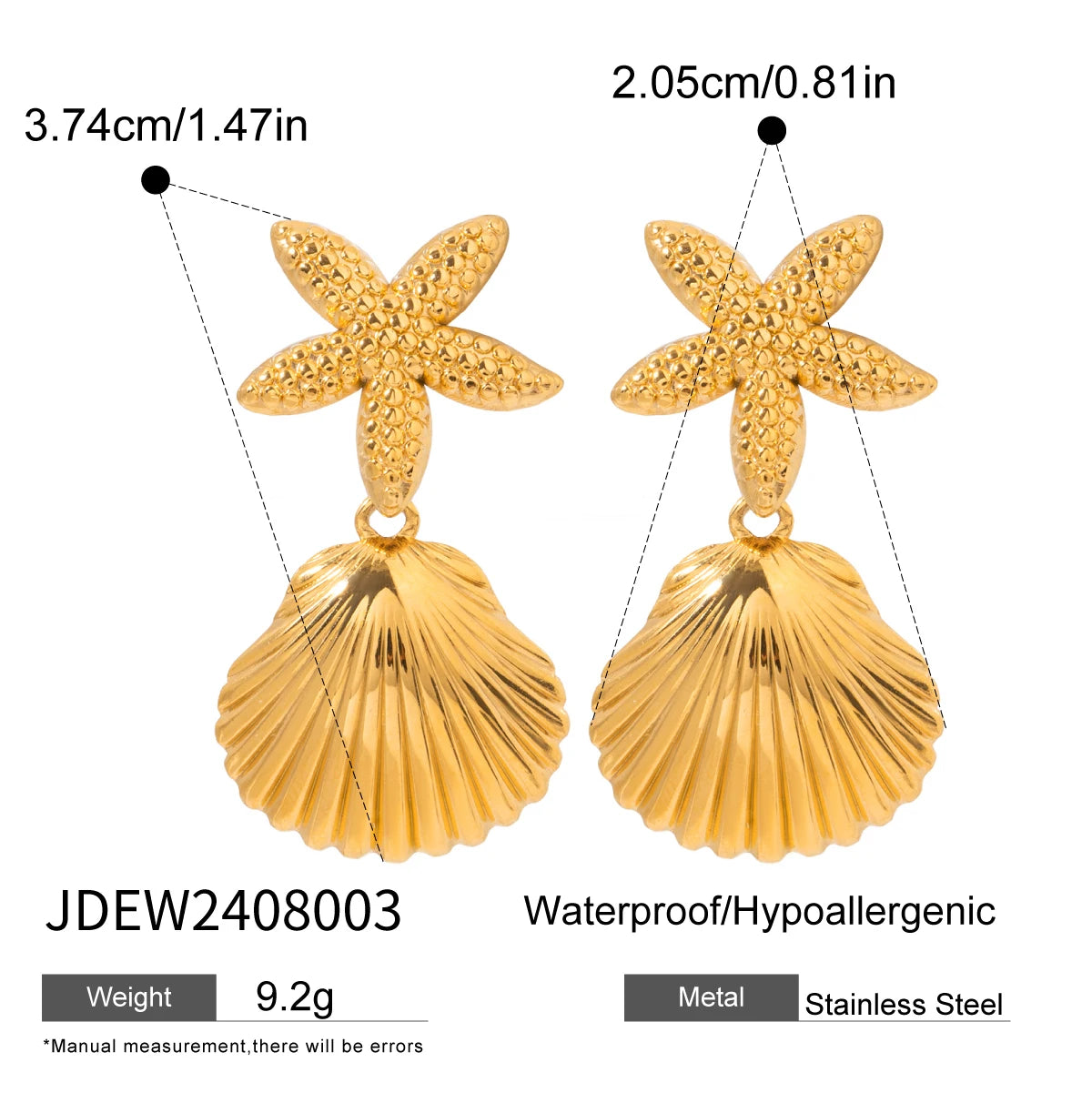 Gold plated earrings with starfish and shell design made of stainless steel, waterproof and hypoallergenic