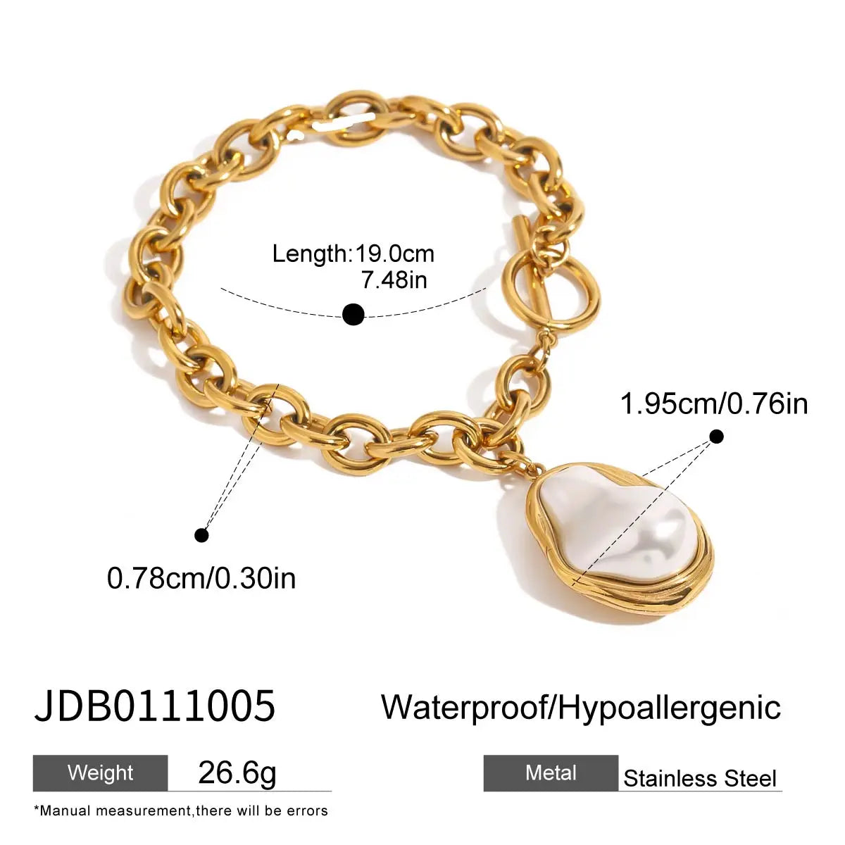 Gold stainless steel stacked chain bracelet with a large pearl charm and hypoallergenic design