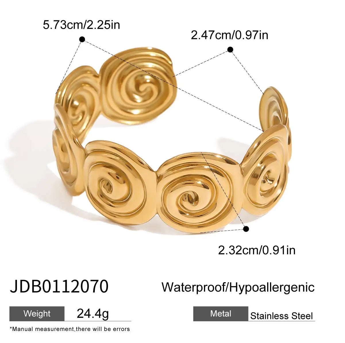 Adjustable gold bracelet made of stainless steel with spiral design and hypoallergenic waterproof finish
