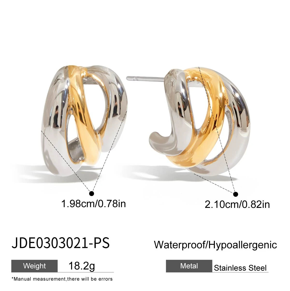 Luxury stud earrings in gold and silver tones made of hypoallergenic stainless steel