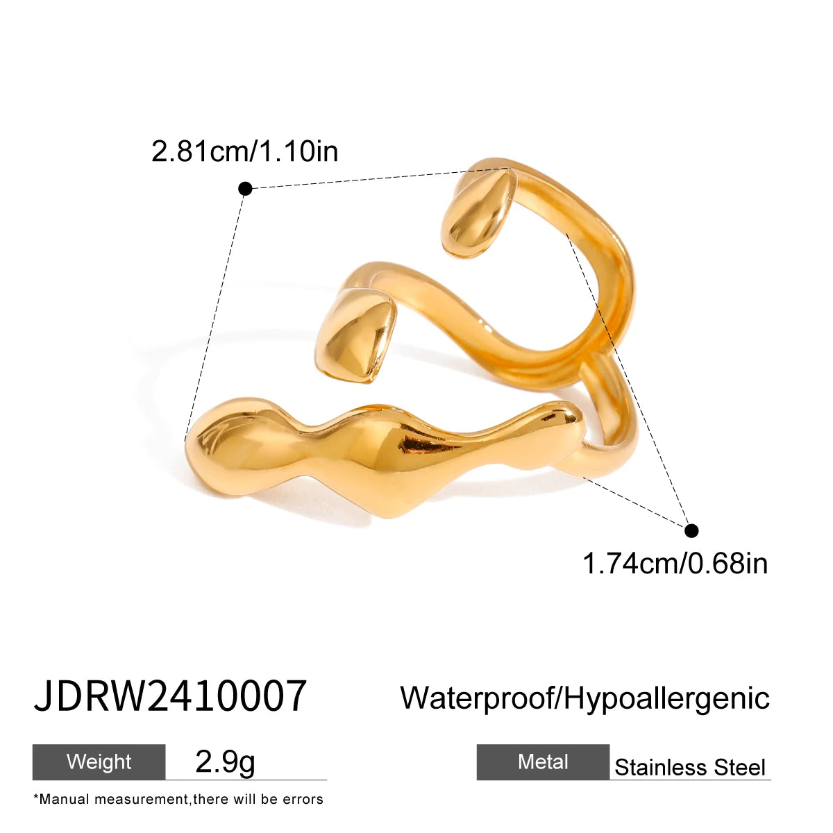 Close-up of waterproof and hypoallergenic stainless steel statement gold rings with unique wavy design