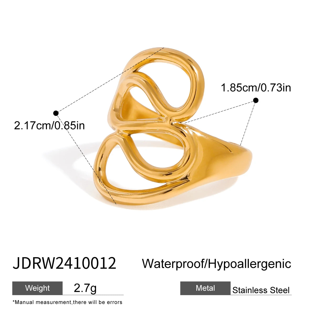 Statement gold rings in stainless steel with unique open heart design and waterproof hypoallergenic features