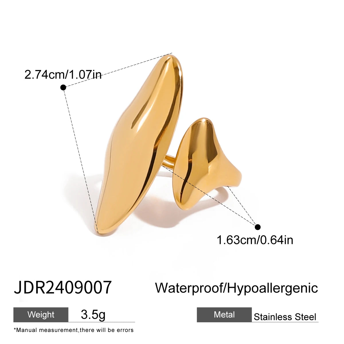 Gold stainless steel waterproof statement gold rings with unique elongated and small shapes