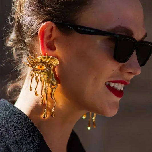Statement Gold Plated Evil Eye Sunburst Drop Dangle Earrings