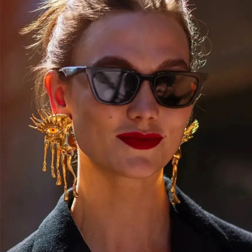 Statement Gold Plated Evil Eye Sunburst Drop Dangle Earrings