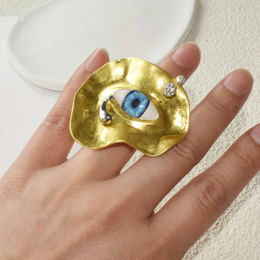 Statement Baroque Style Metal Plated Blue Eyes Open Ring