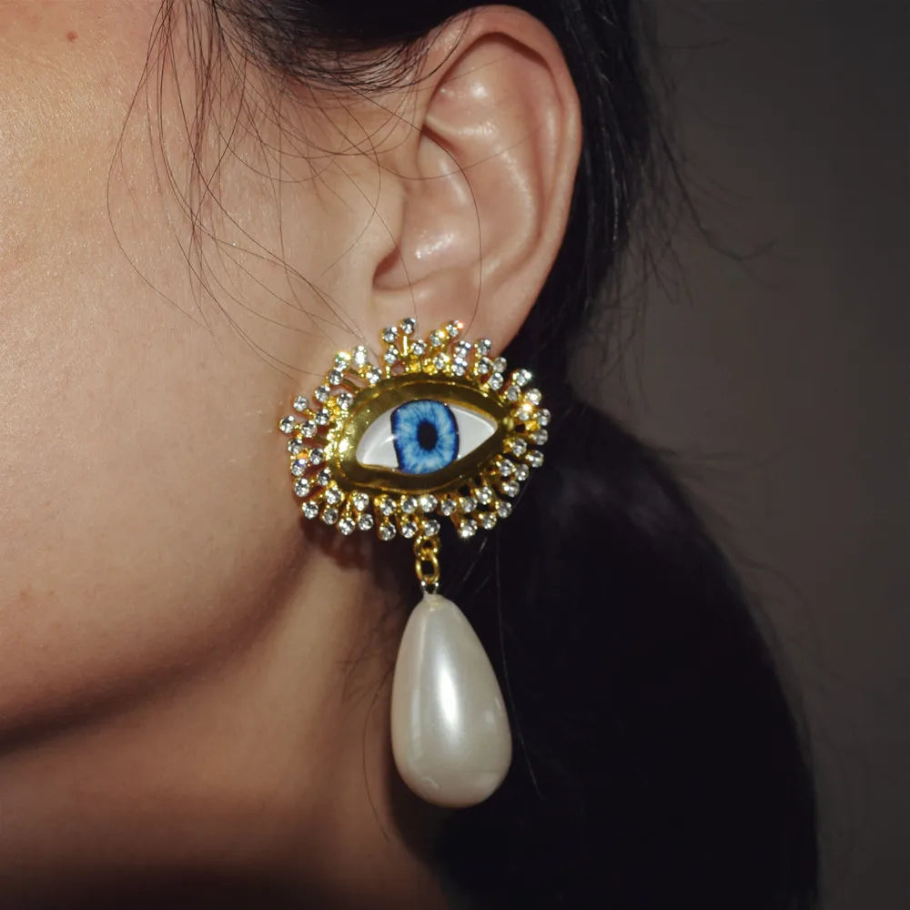 Blue Eyes Gold Plated Dangle Earrings