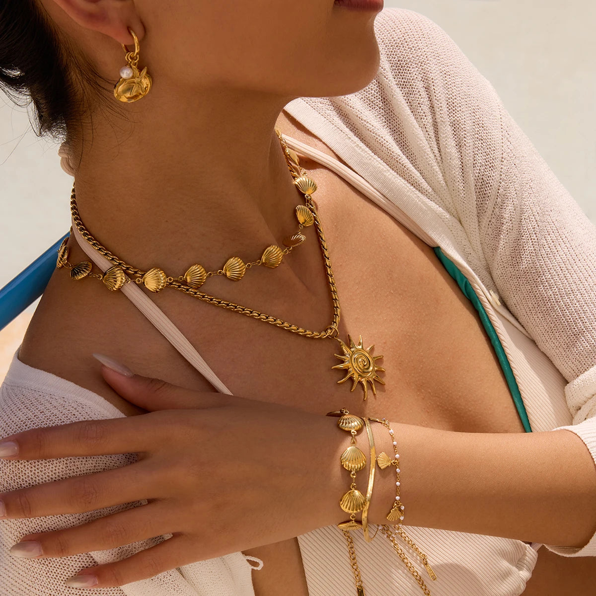 Shell Chain & Steel Sun Pendant Necklace
