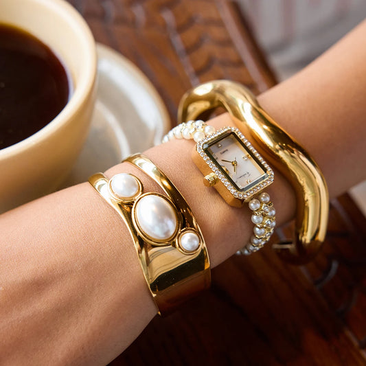 Pearl Rectangular Watch & Bracelets 18K Gold Plated