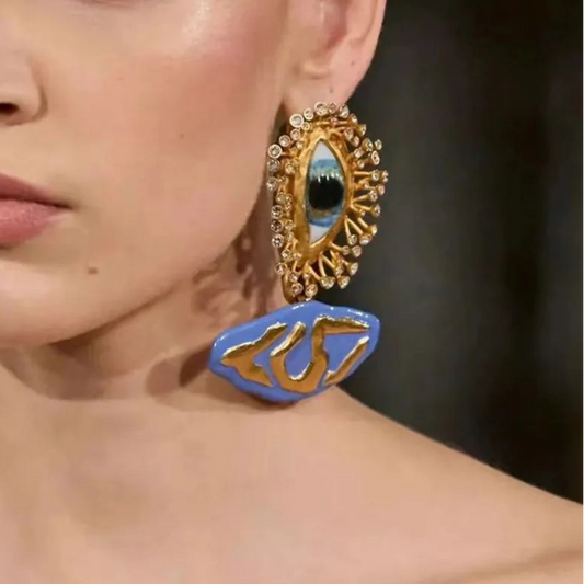 Resin Blue Eyes Metal Plated Dangle Earrings